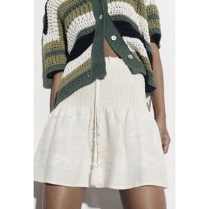Zara Smocked Mini Skirt Womens Medium Cream Seashell Tassels Embroidered Boho